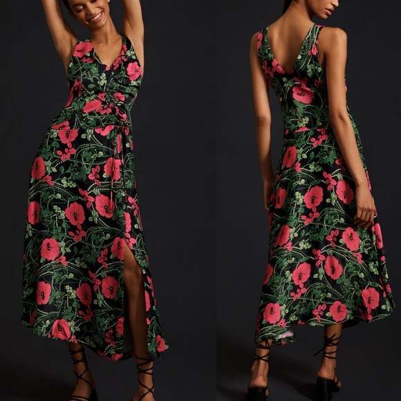 Anthropologie Maeve Ruched Midi Dress Black Green and Pink Floral 4 P - Picture 1 of 9